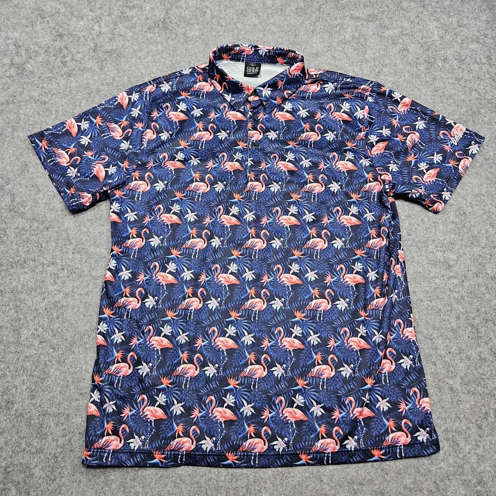 Golf Gods Flamingo Cool Tech Performance Golf Polo Shirt Navy Blue Mens Sz L EUC